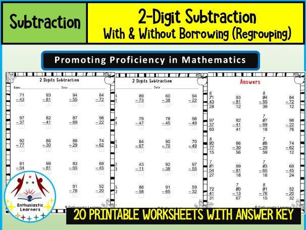 2-Digit Subtraction Worksheets – With & Without Borrowing | Regrouping and No Regrouping Practice