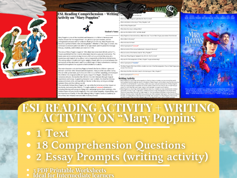 ESL Reading Comprehension + Writing Activity Worksheets on "Mary Poppins"