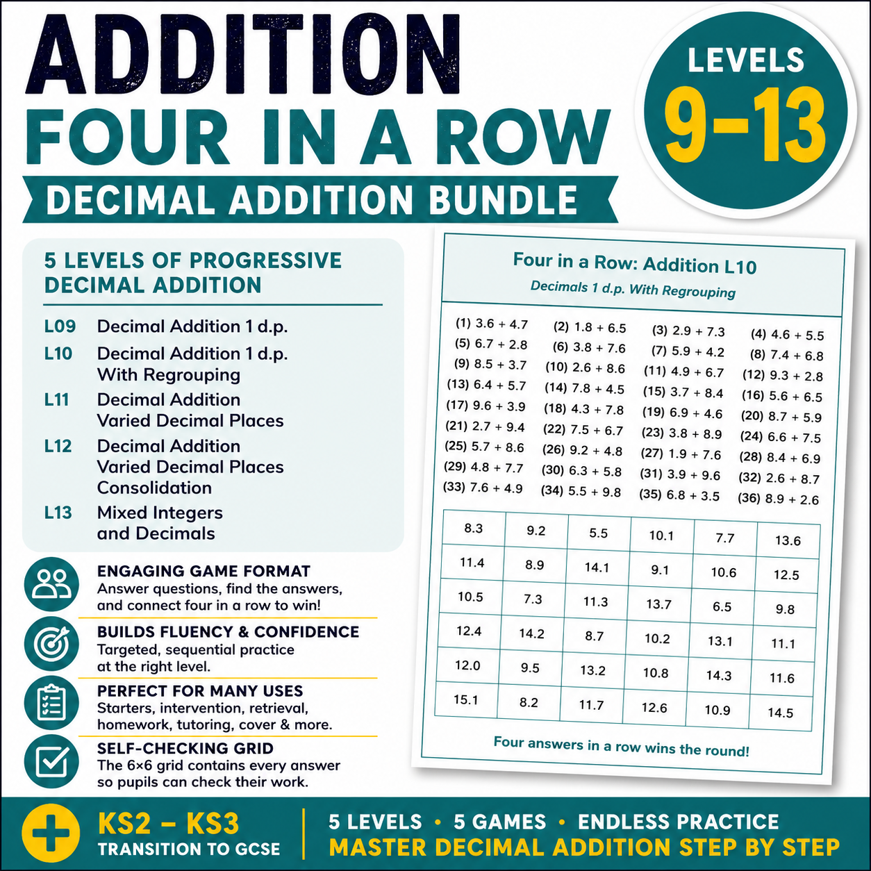 Decimal Addition Four in a Row Bundle | Levels 9–13