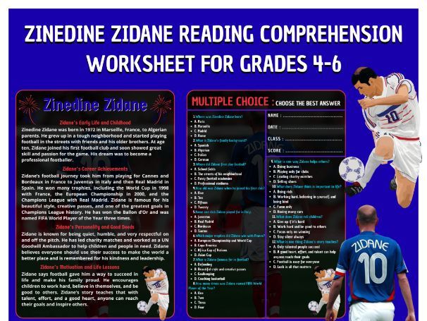 Zinedine Zidane Reading + Quiz Grades 4-6