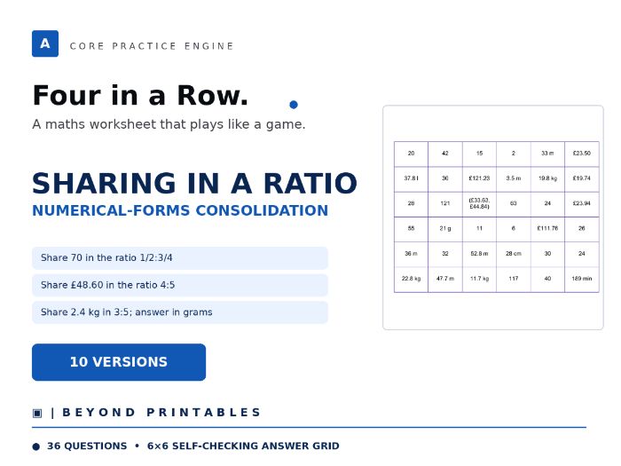 Sharing in a Ratio Four in a Row | Numerical-Forms Consolidation | Level 22 | 10 Maths Games
