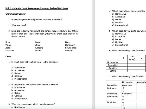 Unit 1 – Introduction / Знакомство Russian Grammar Review Worksheet (KS3)
