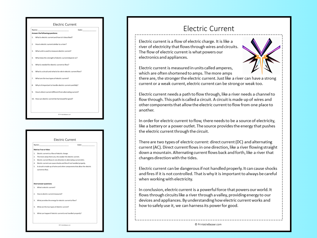 Electric Current Reading Comprehension Passage Printable Worksheet