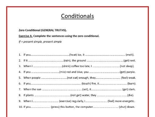 Conditionals (Zero, First, Second, Third) Worksheet and Quiz