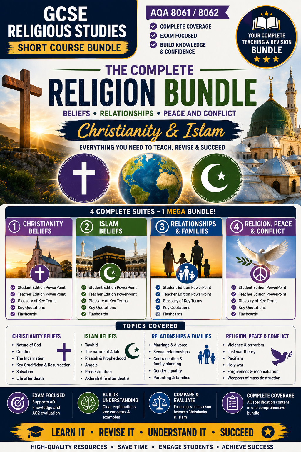 GCSE Religious Studies Short Course Bundle | Christianity & Islam Beliefs, Relationships & Peace and Conflict | AQA 8061 / 8062