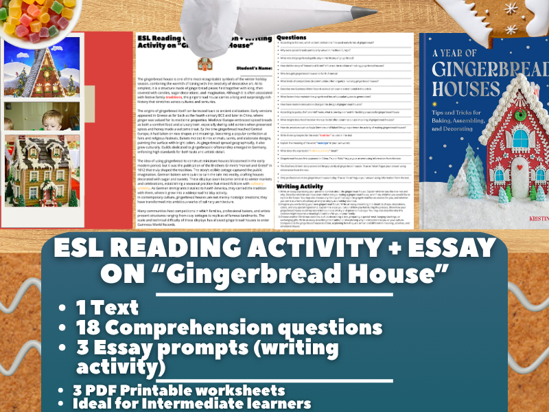 ESL Reading Comprehension + Writing Activity - Gingerbread House - Christmas