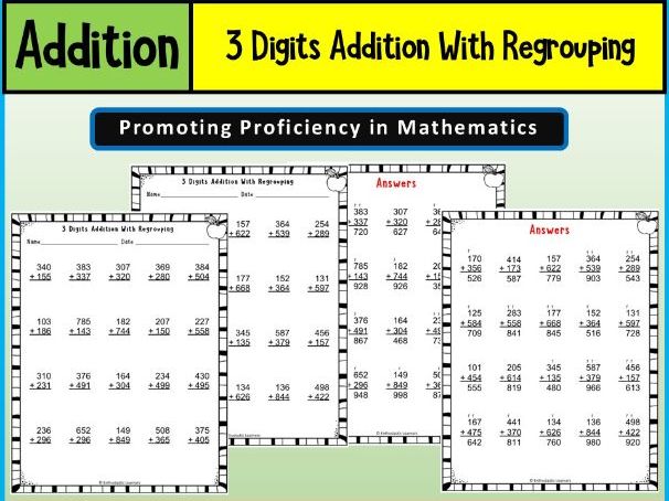 3 Digits Addition With Regrouping Math Worksheets Problems