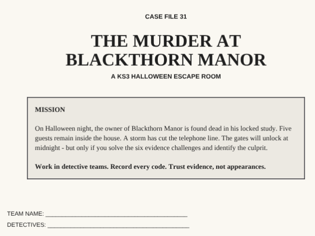KS3 Halloween Escape Room Murder Mystery - Gothic English