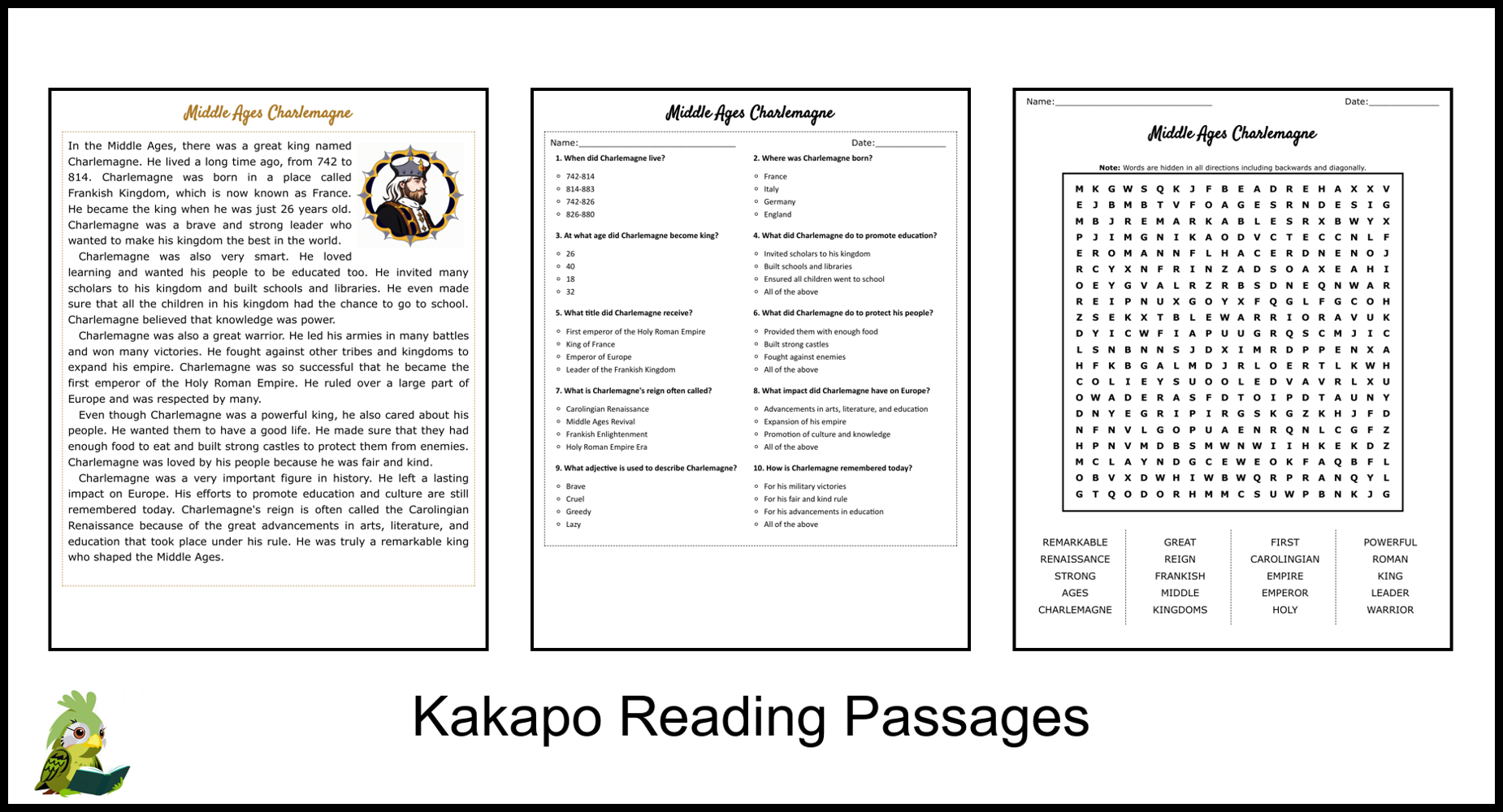 Middle Ages Charlemagne Reading Comprehension and Word Search