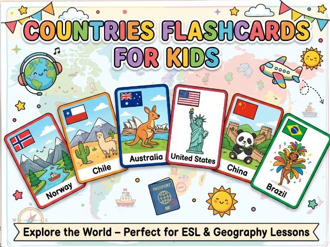 Countries Flashcards for Kids | World Geography & ESL Vocabulary | Printable Country Cards