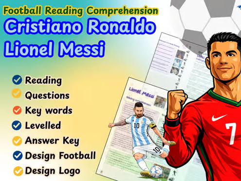 Football Reading Comprehension - Lionel Messi + Cristiano Ronaldo Worksheets, Vocabulary, Extension