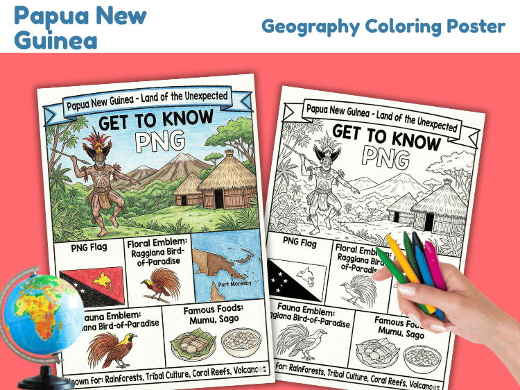 Papua New Guinea Geography Coloring Poster | Country Facts Worksheet