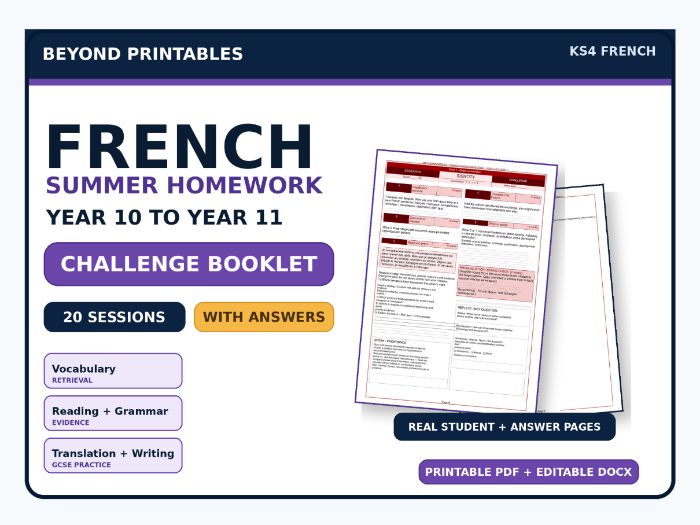 French Summer Homework Booklet Year 10 to Year 11 Challenge with Answers
