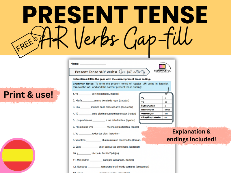 Spanish Present Tense Regular AR Verbs Gap-fill Worksheet - FREE!