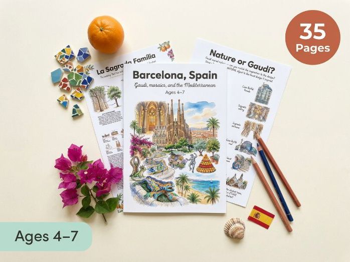 Barcelona Spain Worksheets | Gaudi Mosaic Architecture | Ages 4-7 | PDF