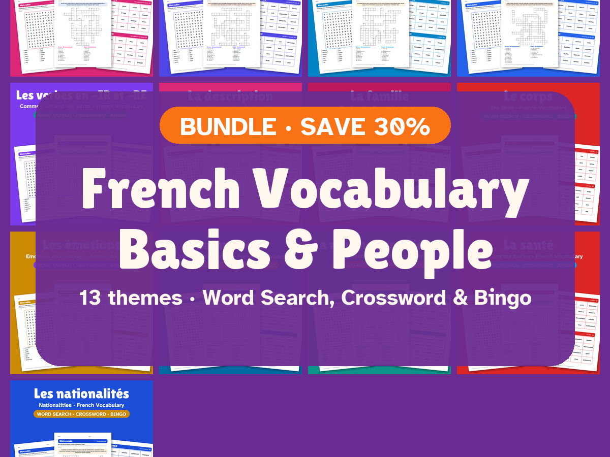 French Basics & People Bundle: Word Search, Crossword & Bingo (13 Themes)