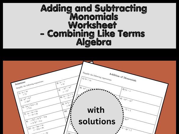 Adding and Subtracting Monomials Worksheet - Combining Like Terms Algebra