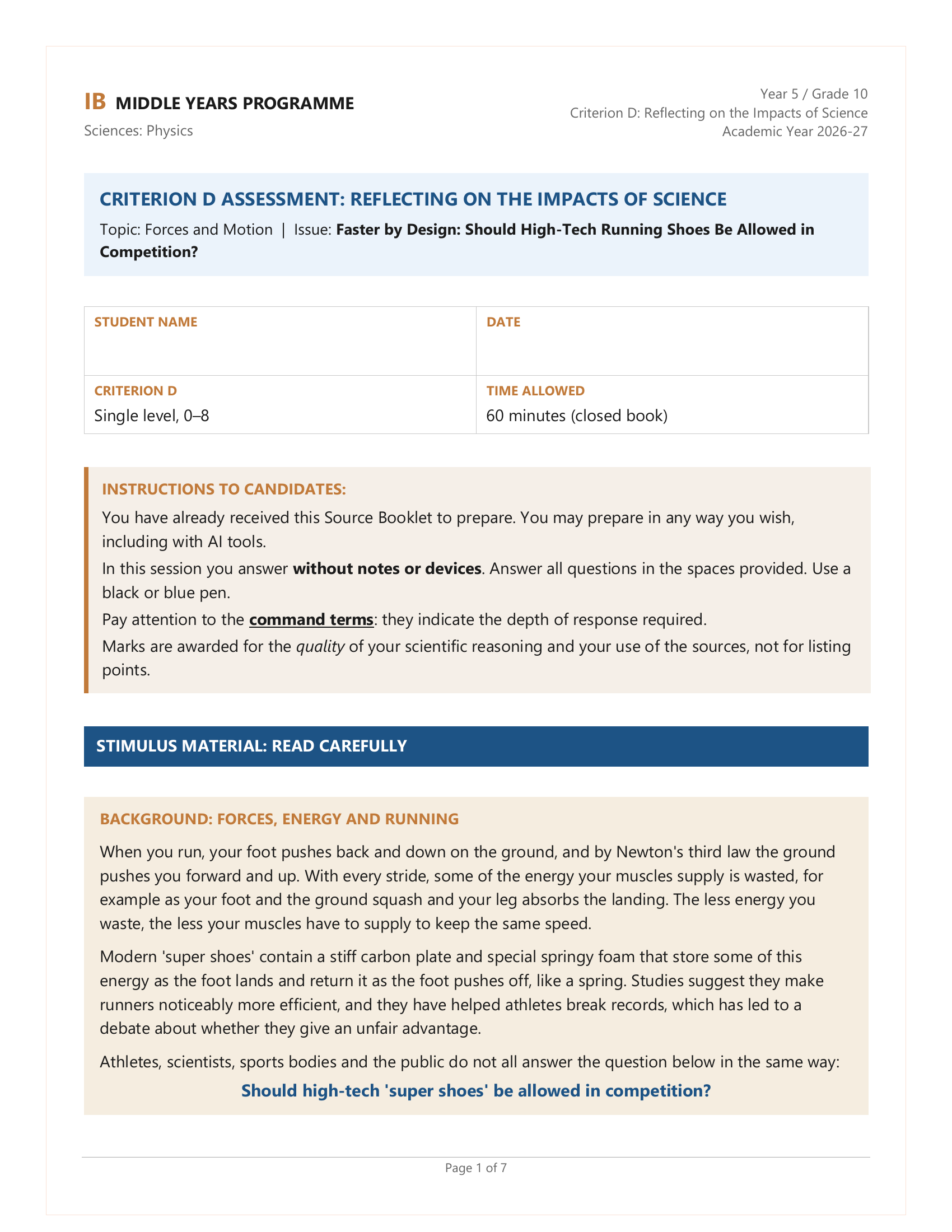 Criterion Task Testing MYP Grade 10 Physics: 3 Criterion D Assessment Tasks - Forces and ...