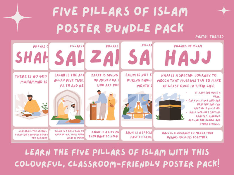 Five Pillars of Islam – Poster Bundle Pack - Pastel Pink Themed - Perfect Posters for the Classroom