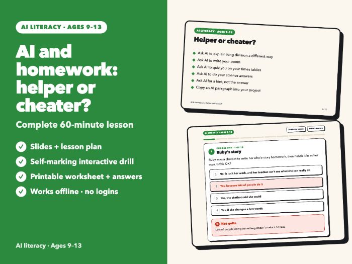 AI & Homework: Helper or Cheater? Academic Honesty Lesson | Slides, Drill, Worksheet | Ages 9-13