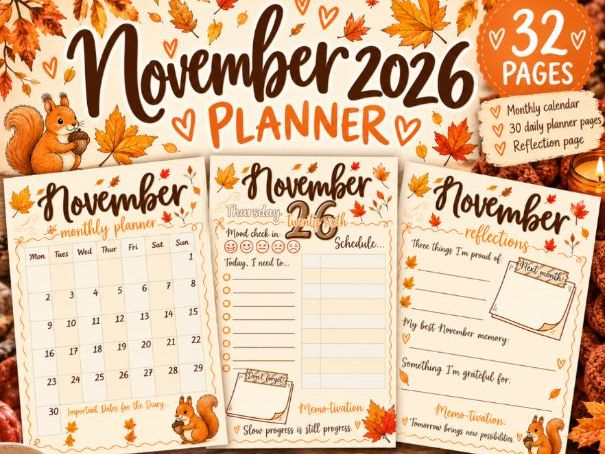November 2026 Planner Printable | A4 & A5 Autumn Daily Planner | 32 Page Organiser with Mood Tracker