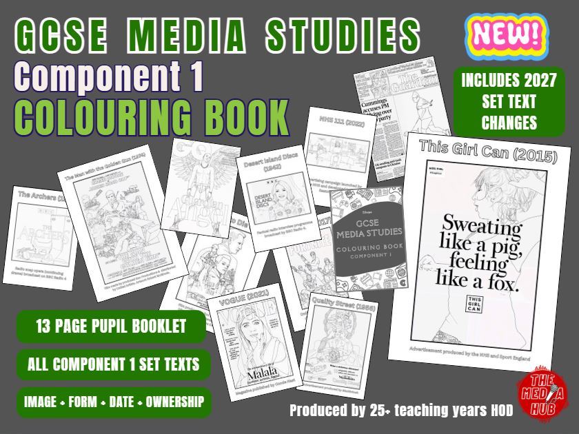 UPDATED 2027 GCSE Media Studies Eduqas Set Texts Colouring Pages | Starter Plenary Revision Fun