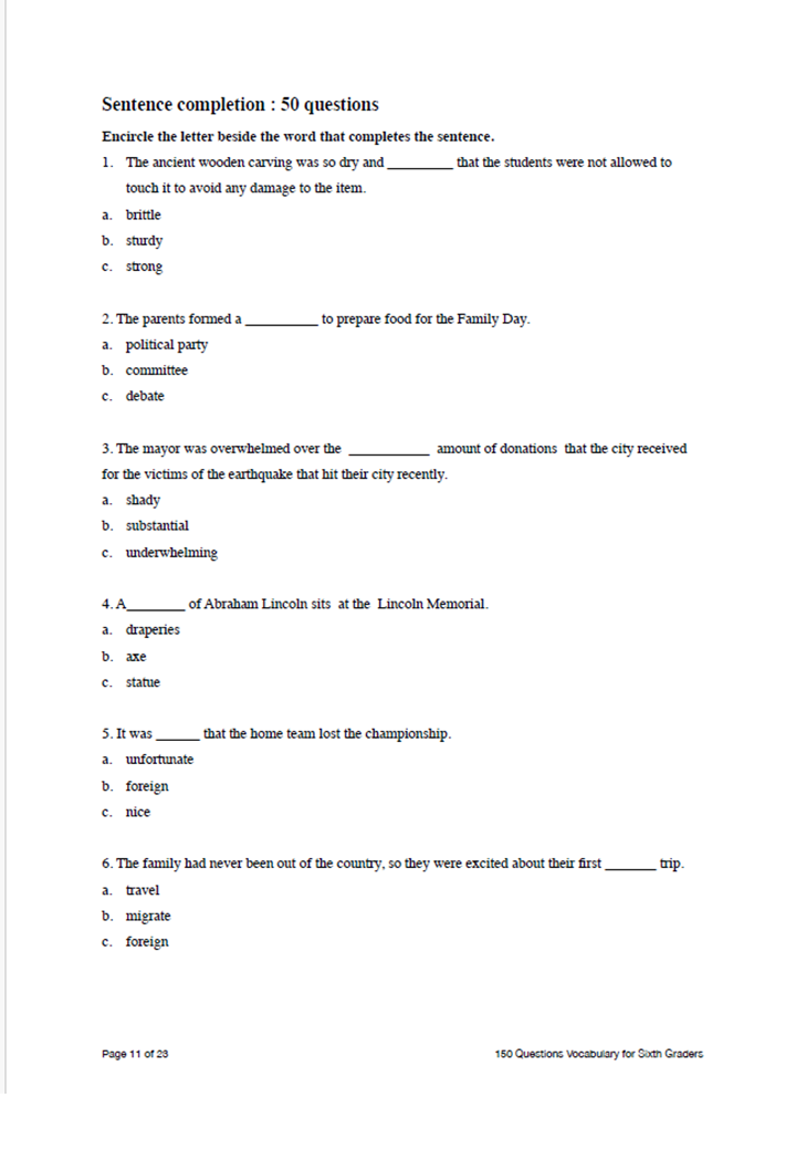 Vocabulary for Sixth Graders – 150 Questions with Answer Key | Teaching ...
