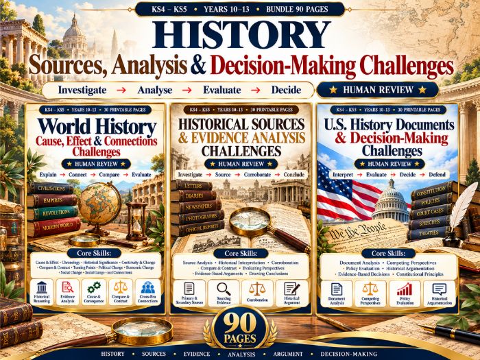 History Skills Bundle  World History, Historical Sources & U.S. History  KS4–KS5  90 Pages
