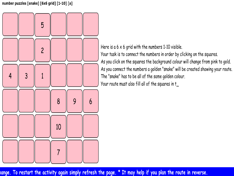 number puzzles [snake] [6x6 grid] [1-10] [a]