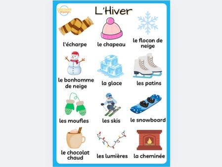 French Winter Season L’Hiver Beginner Vocabulary Poster Worksheet Wordsearch