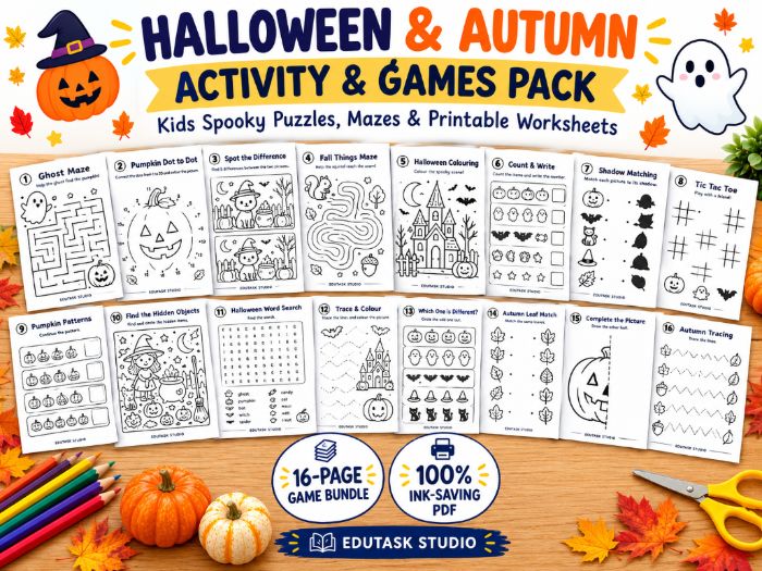 Halloween & Autumn Activity & Games Pack | Kids Spooky Puzzles, Mazes & Worksheets