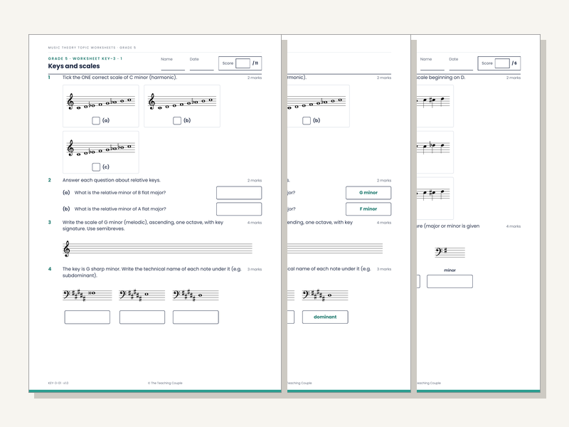 Grade 5 Music Theory Worksheets: Keys & Scales (20 Sheets + Answers)