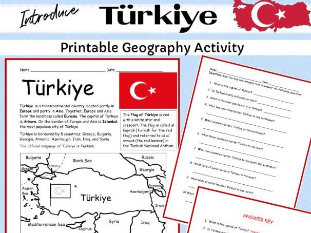 Türkiye Printable Geography Worksheet | Map Skills and County Study