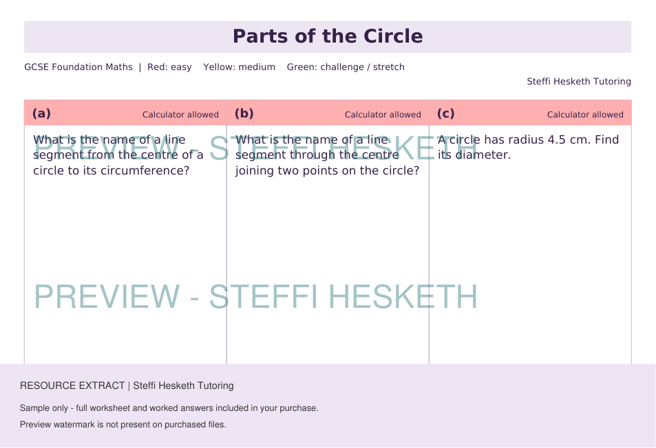 Support Circle S Worksheet.pdf GCSE Foundation Parts of the Circle | Topic Overview Differentiated ...