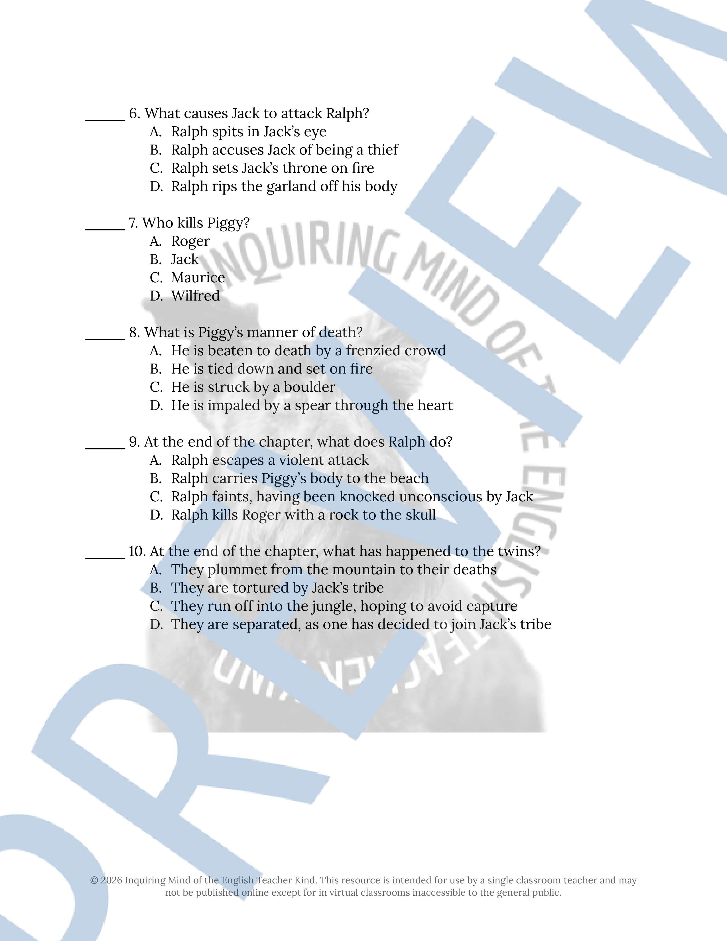 Lord of the Flies Chapter 11 Quiz and Answer Key | Guided Reading ...