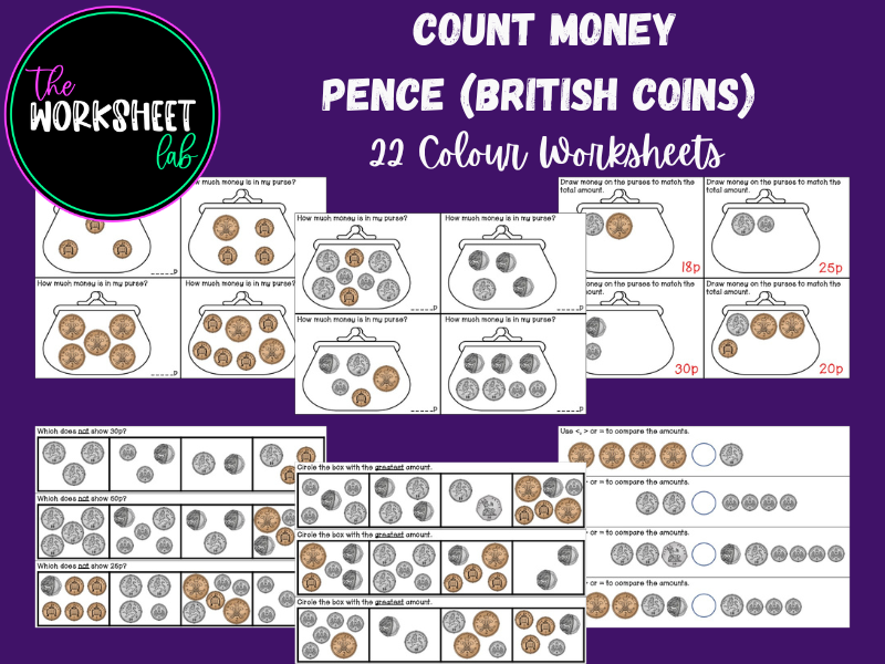 Count Money - Pence (British Coins) Worksheets in Colour