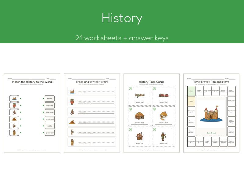 History | 21 No-Prep Worksheets + Answer Keys | Ages 7-11