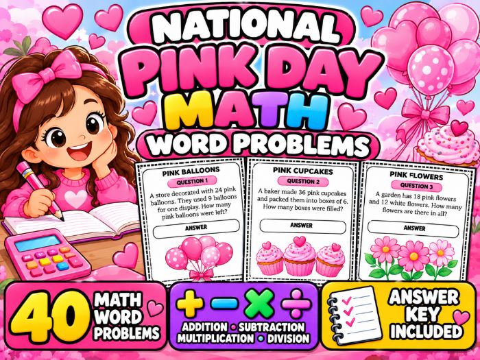 National Pink Day Math Word Problems | 40 Pink-Themed Math Problems & Answer Key