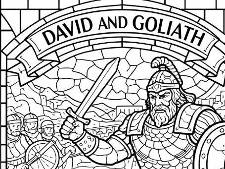 Old Testament David and Goliath Stained-Glass Window Style Colouring Page