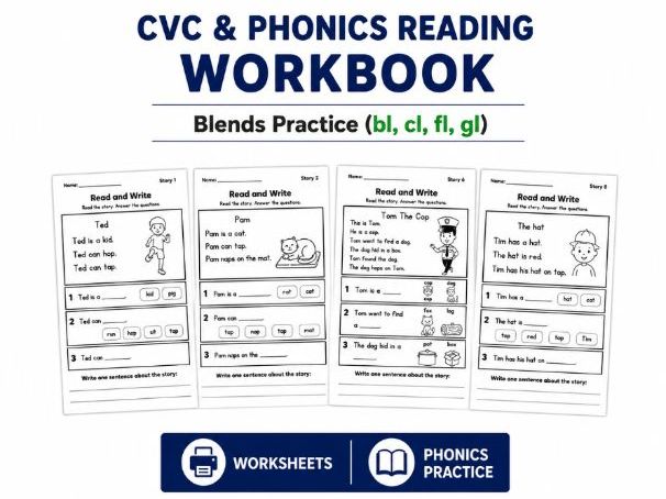 CVC Phonics Reading Workbook for Students | Read and Write Comprehension