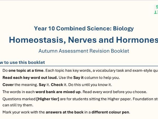 KS4 Homeostasis, Nervous & Endocrine Revision Booklet (AQA)