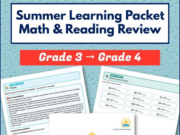 Summer Learning Packet Grade 3 to Grade 4 | Math & Reading Review
