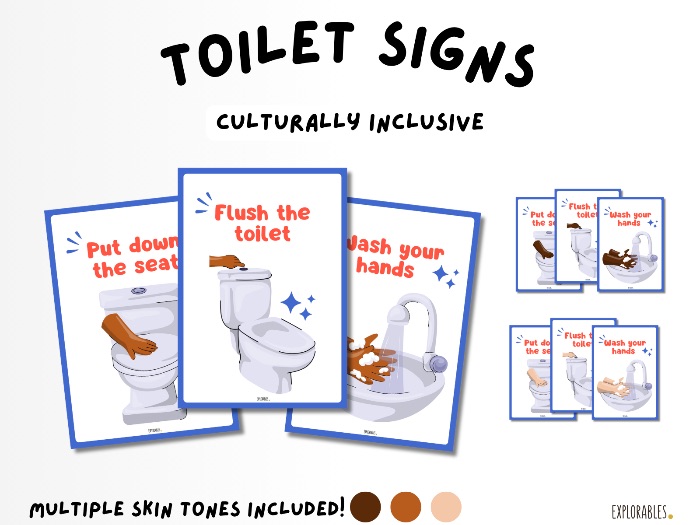 Blue Personalised Toilet Signs Culturally Inclusive Flush The Toilet Put The Toilet Seat Down Wash