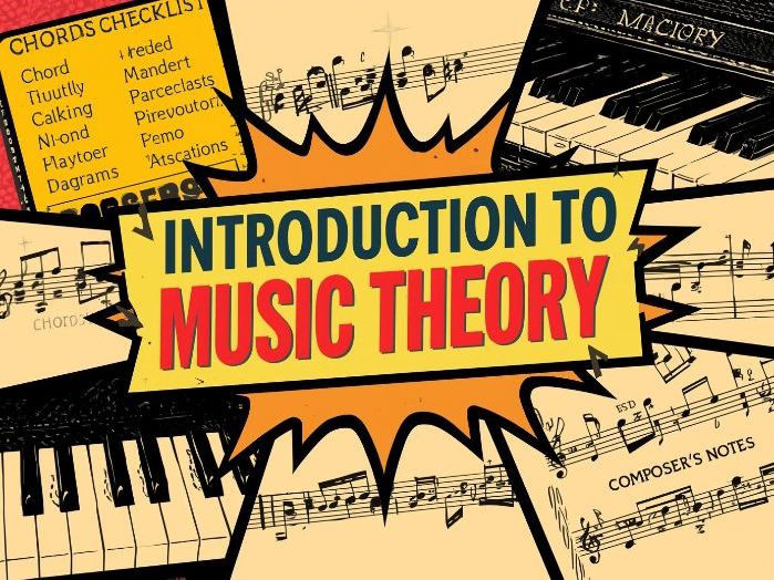Music Theory: Sophisticated Sheet Music style with piano keys and notation.