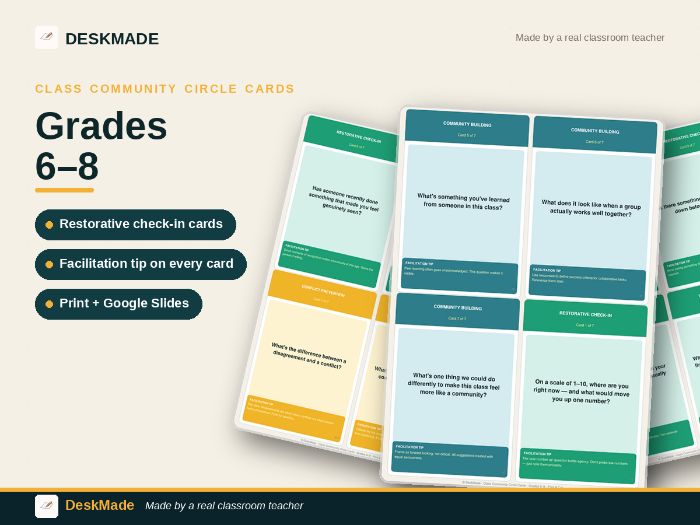 Class Community Circle Cards | Grades 6–8 | Restorative SEL Meeting