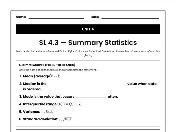 IB Math AI Worksheet SL 4.3 - Summary Statistics