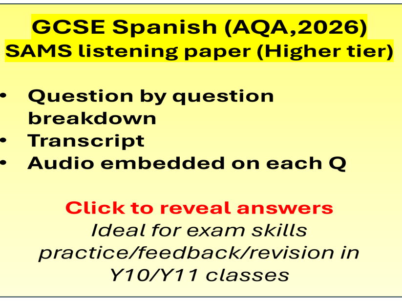 GCSE Spanish Listening Exam Paper Revision (AQA, 2026 SAMS: Higher tier)
