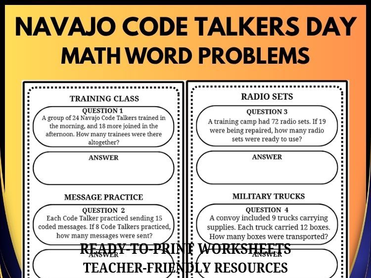 Navajo Code Talkers Math Word Problems | 40 Questions and Answers | Grades 2–8