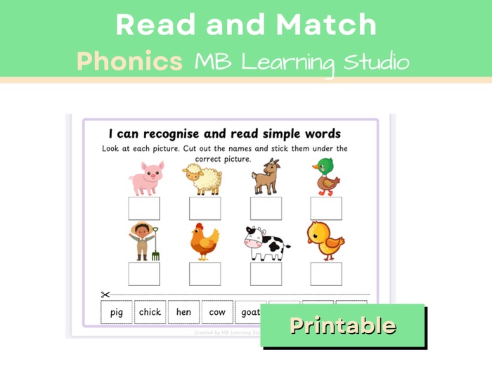 Farm-Themed Read and Match Worksheet – Phonics Activity for EYFS, KS1, Pre-K to 1st Grade