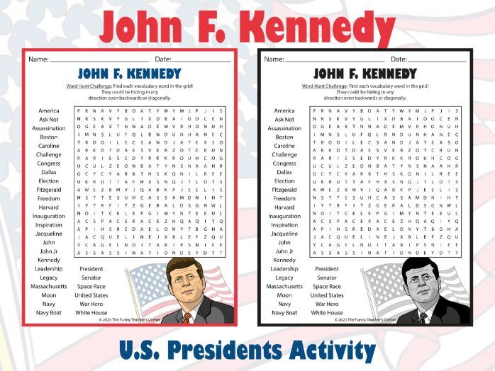 John F. Kennedy Word Search Puzzle | U.S. Presidents Activity for Grades 4–7